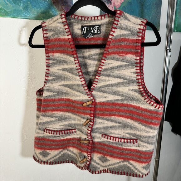 Vintage At Last & Co Vest Wool Blend Southwestern Aztec Wood Buttons Sz L * - Picture 1 of 4